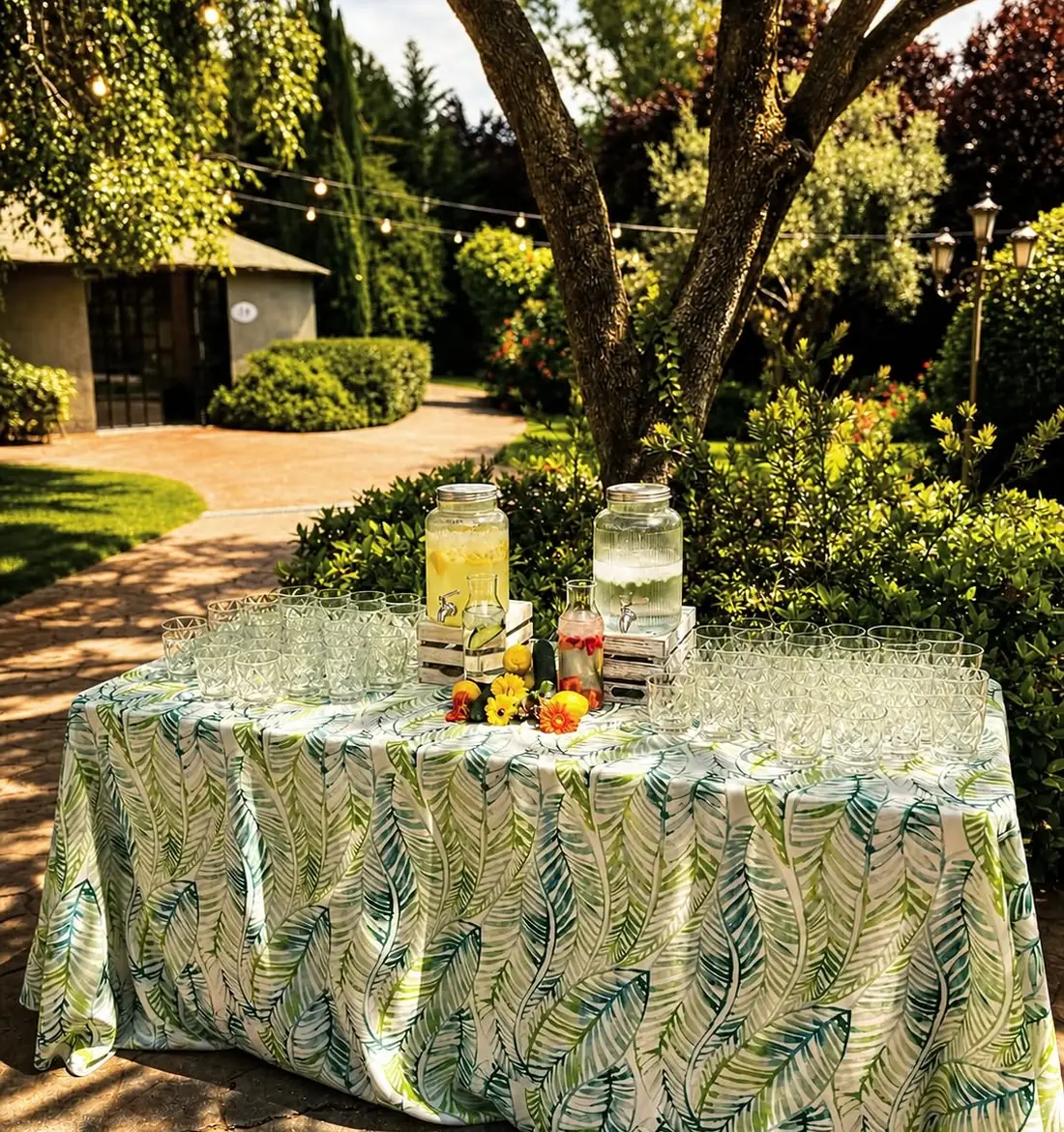 Mesa vestida en el jardín bajo los árboles, con bebida y guirnaldas