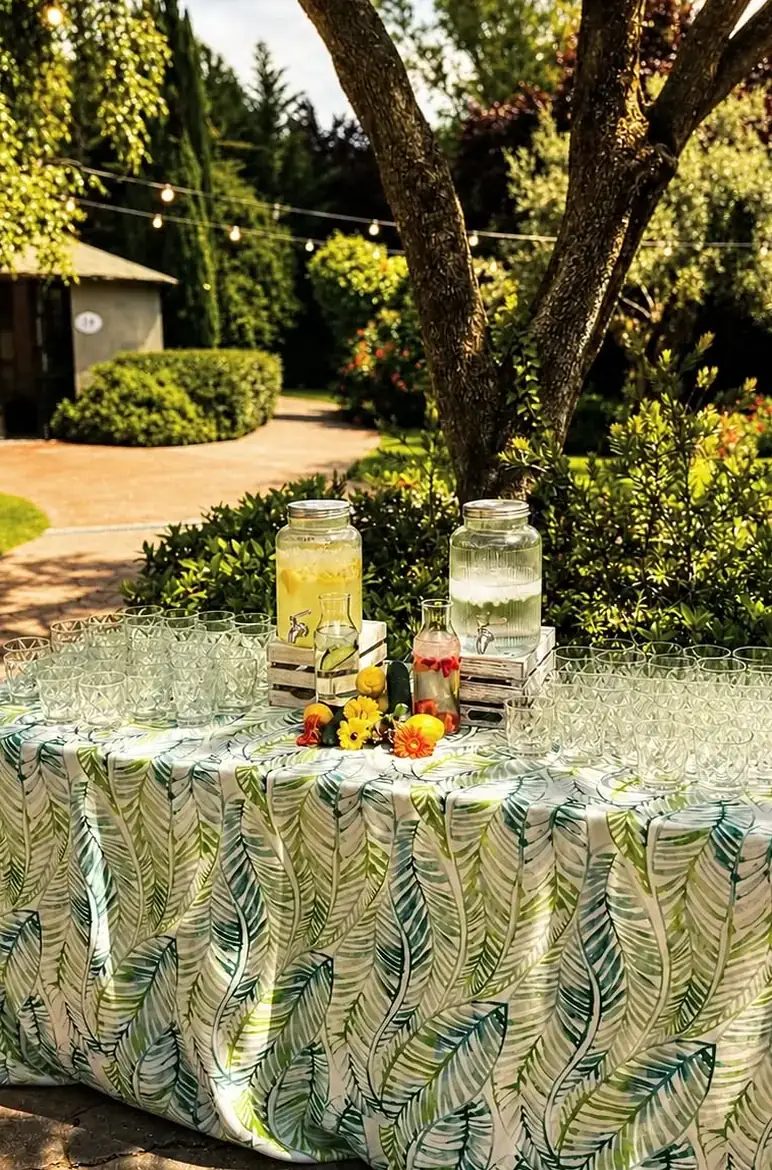Mesa vestida en el jardín bajo los árboles, con bebida y guirnaldas