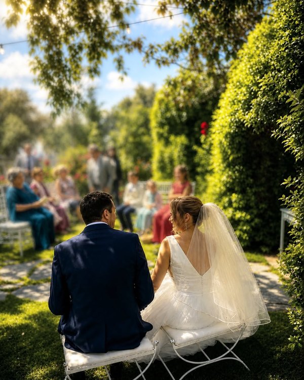 Los novios entre los setos del jardin